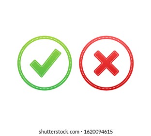Tick and cross signs. Green checkmark OK and red X icon. Symbols YES and NO button for vote. Vector stock illustration