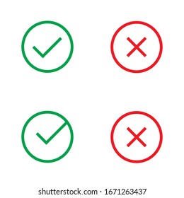 Tick and cross signs. Green checkmark and red X icons, vector isolated on white background.