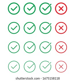 Checkmark icons set. Tick and cross sign. Green check mark and red