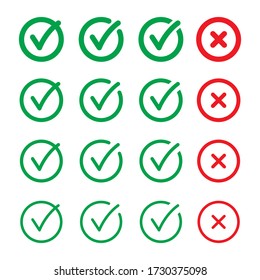 Tick and cross signs. Green checkmark and red X icons, vector isolated on white background.