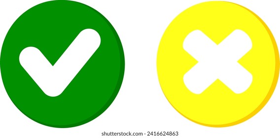 Tick and cross signs. Green checkmark and yellow X icons isolated on white background. Replaceable vector design. Vector illustration.