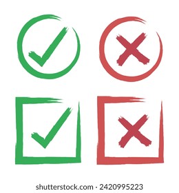 Tick and cross signs. Green checkmark OK and red X icon. Symbols YES and NO button for vote. stock illustration.