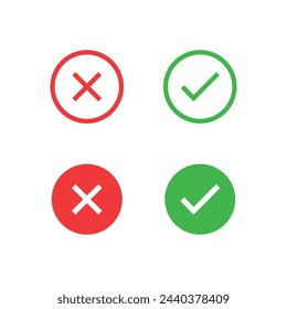 Tick, señales cruzadas. Marca de verificación verde OK rojo X, Marcas simples Símbolos de círculo SÍ NO botón para votar, Lista de casillas de verificación. Conjunto de iconos de línea de marcas de verificación, trazo editable aislado en blanco, diseño plano lineal