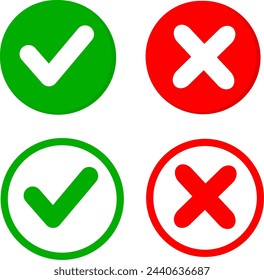 Tick and cross signs. Green checkmark and red X icons set isolated on white background. Replaceable vector design. Vector illustration.