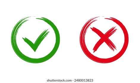 Tick and cross signs. Green checkmark OK and red X icons, isolated on white background. Simple marks graphic design. symbols YES and NO button for vote, decision, web. Vector illustration