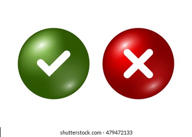 Tick and cross signs. Green checkmark OK and red X icons, isolated on white background. Marks graphic design. Circle symbols YES and NO button for vote, decision, web. Vector illustration