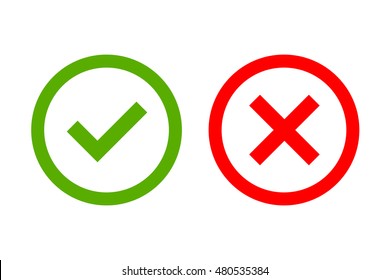 Tick and cross signs. Green checkmark OK and red X icons, isolated on white background. Simple marks design. Circle shape symbols YES and NO button for vote, decision, web. Vector illustration