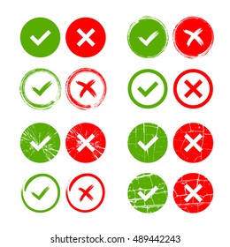 Tick and cross signs. Green checkmark OK and red X icons, isolated on white background. Grunge marks graphic design. Circle symbols YES and NO button for vote, decision, web. Vector illustration