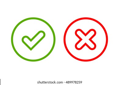 Tick and cross signs. Green checkmark OK and red X icons, isolated on white background. Simple marks graphic design. Circle symbols YES and NO button for vote, decision, web. Vector illustration