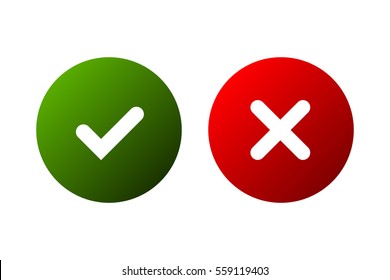 Tick and cross signs. Green checkmark OK and red X icons, isolated on white background. Marks graphic design. Circle symbols YES and NO button for vote, decision, web. Vector illustration