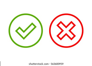 Tick and cross signs. Green checkmark OK and red X icons, isolated on white background. Simple marks graphic design. Circle symbols YES and NO button for vote, decision, web. Vector illustration