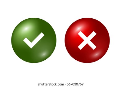 Tick and cross signs. Green checkmark OK and red X icons, isolated on white background. Marks graphic design. Circle symbols YES and NO button for vote, decision, web. Vector illustration