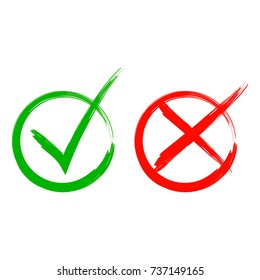 Tick and cross signs. Green checkmark OK and red X icons, isolated on white background. 