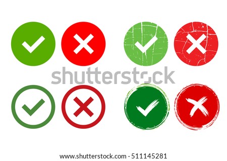 Tick and cross signs. Green checkmark OK and red X icons, isolated on white background. Grunge marks graphic design. Circle symbols YES and NO button for vote, decision, web. Vector illustration