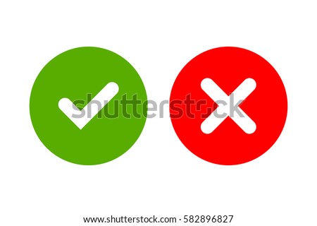 Tick and cross signs. Green checkmark OK and red X icons, isolated on white background. Simple marks graphic design. Circle symbols YES and NO button for vote, decision, web. Vector illustration