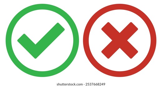 Tick and cross signs. Green tick OK and red X cross. YES and NO. False and true, right and wrong. Correct and incorrect, accept and reject. Digital content