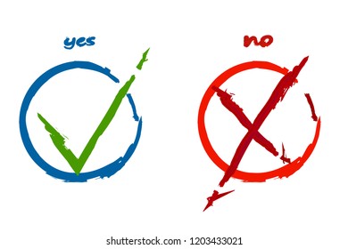 Tick and cross signs. Grunge check mark OK and X icons, isolated on white background. Simple marks graphic design. Circle shape symbols YES and NO button for vote, decision, web. Vector illustration
