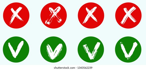 Tick and cross signs. Hand drawn vector, isolated. Brush strokes