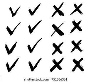 Tick And Cross Signs. Hand Drawn Vector, Isolated. Brush Strokes