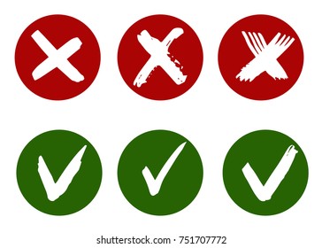 Tick and cross signs. Hand drawn brush strokes, vector, isolated.