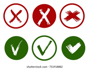 Tick and cross signs. Hand drawn brush strokes, vector, isolated.