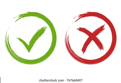 Tick and Cross Signs. Hand drawn Grunge Green checkmark OK and red X, Painted with Brush symbols YES and NO button for vote in circle. Vector