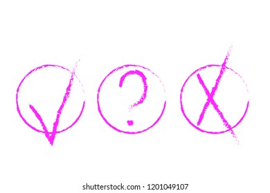 Tick and cross signs. Pink check mark OK and X icons, isolated on white background in round frames. Simple marks graphic design. symbols YES and NO button for vote, decision, web. Vector illustration