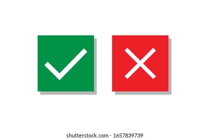 Marcar y marcar los signos cruzados, marca de verificación y x o confirmar, aprobar y denegar la marca de verificación de icono marca de verificación verde, rojo cruzado, marca de verificación básica, lista de comprobación con fondo cuadrado, ilustración vectorial