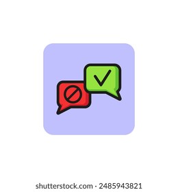 Icono de línea de burbujas de voz de Iniciar sesión cruzados y marcados. Encuesta, evaluación de productos, votación. Concepto de Encuesta. La Ilustración vectorial se puede utilizar para temas como servicio, internet, redes sociales