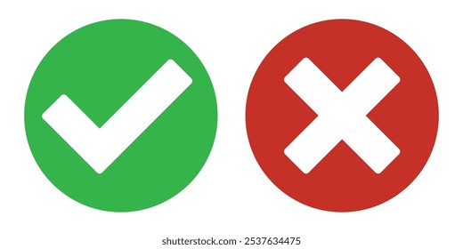 Tick and cross signs. YES and NO. False and true, right and wrong. Correct and incorrect, accept and reject. Green tick OK and red X cross. isolated on white. Digital content