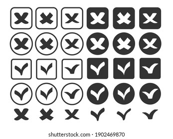 Tick and cross signs.Tick icons big set.A check mark stickers in grey and white colors.Validation buttons.A check mark and cross mark isolated vector