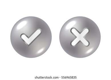 Tick and cross silver metallic sign element. Gray steel checkmark OK, X icon on white background. Check marks graphic design. YES and NO button for vote, decision, choice, web Vector illustration