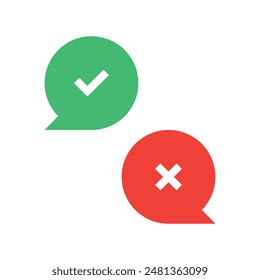 Iconos de burbujas de voz cruzada y de marca. Iconos de marca de verificación. Ilustración vectorial