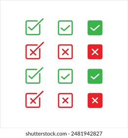 Marcar y cruzar en un conjunto de iconos cuadrados. Marca de verificación y diseño del Vector transversal.