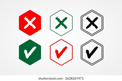 tick and cross symbol icon, illustration of three different shapes, collection of tick and checkmark shapes.