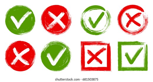 Tick and cross test signs, check marks graphic design. YES or NO accept and decline symbol vector buttons for vote, election choice, web. Green symbolic OK checkmark, red X icon, isolated on white.