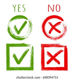 Tick and cross test signs, check marks graphic design set. YES or NO accept and decline symbol vector buttons for vote, election choice, web. Green symbolic OK checkmark, red X icon, isolated on white