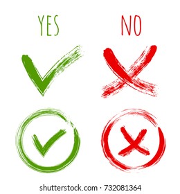 Tick and cross test signs, check marks icons design set. YES or NO accept and decline symbol vector buttons for vote, election choice, web. Green symbolic OK checkmark, red X icon, isolated on white.