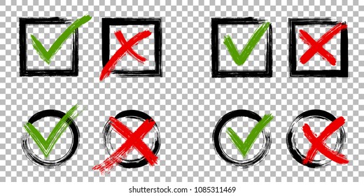 Tick and cross test signs set, check marks graphic design. YES or NO accept or decline symbol vector buttons for vote, election choice, web. Green symbolic OK checkmark, red X icon on transparent.