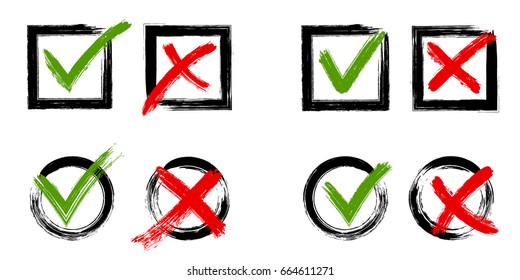 Tick and cross test signs set, check marks graphic design. YES or NO accept or decline symbol vector buttons for vote, election choice, web. Green symbolic OK checkmark, red X icon, isolated on white.