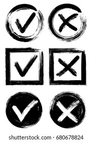 Tick and cross test signs set, check marks graphic design. Accept or decline symbol vector buttons for vote, election choice, web. Black symbolic OK checkmark, X icon, isolated on white.