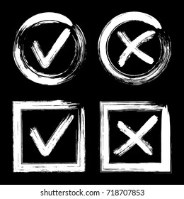 Tick and cross test signs set, check marks graphic design. Accept or decline symbol vector buttons for vote, election choice, web. White symbolic OK checkmark, X icon, isolated on black.