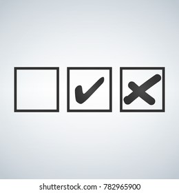 Tick and cross test signs set, check marks graphic design. Accept or decline symbol vector buttons for vote, election choice, web. Black symbolic OK checkmark, X icon