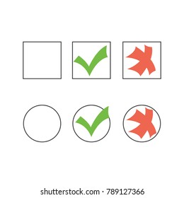 Tick and cross test signs set, check marks graphic design. YES or NO accept or decline symbol vector buttons for vote, election choice, web. Green symbolic OK checkmark, red X icon, isolated on white.