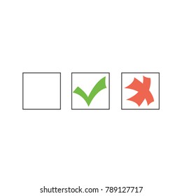 Tick and cross test signs set, check marks graphic design. YES or NO accept or decline symbol vector buttons for vote, election choice, web. Green symbolic OK checkmark, red X icon, isolated on white.
