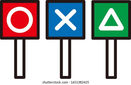 Tick or cross or triangle marks written on signboards to answering multiple choice question.Isolated vector icon.