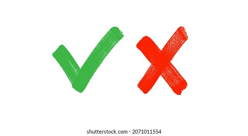 Tick and cross vector brush signs. False and true, right and wrong icons. Correct and incorrect, accept and reject vector symbols. Green tick OK and red X cross brush drawings. YES and NO vector.