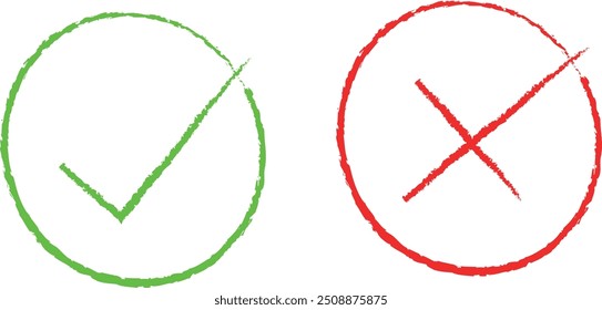 Tick and cross vector brush signs. False and true, right and wrong icons. Correct and incorrect, accept and reject vector symbols. Green tick OK and red X cross brush drawings. YES and NO vector.