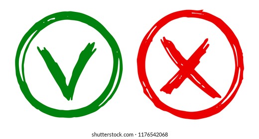 Tick cross vector check marks icons. Done checklist symbols scribble design. Abstract yes and no checkmarks. Website interface choose options. Correct right and false wrong test answers.