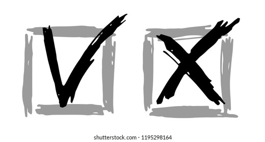 Tick cross vector check marks icons. Done checklist symbols scribble design. Abstract yes and no checkmarks. Confirm and ignore concept graphics. True and false exam form answers.